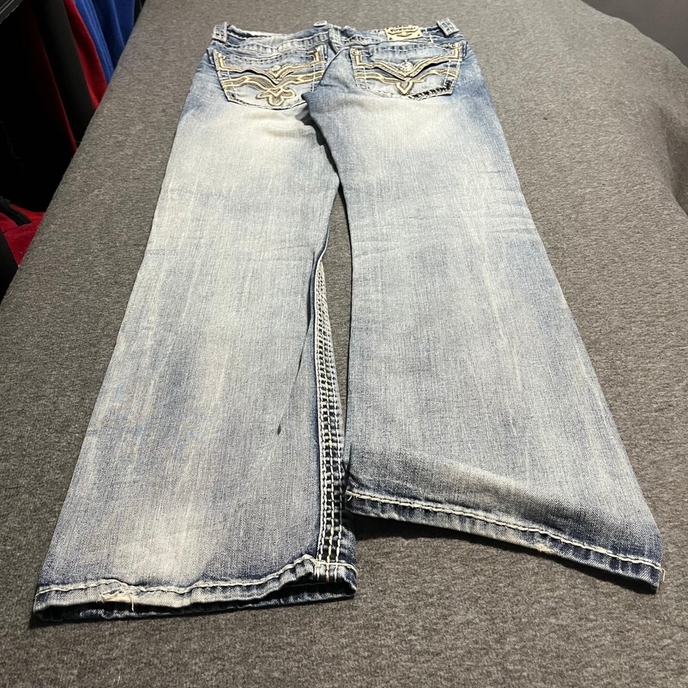 Rock Revival Owen Bootcut Jeans Light Wash Distressed Mens 32x32 Thick Stitch